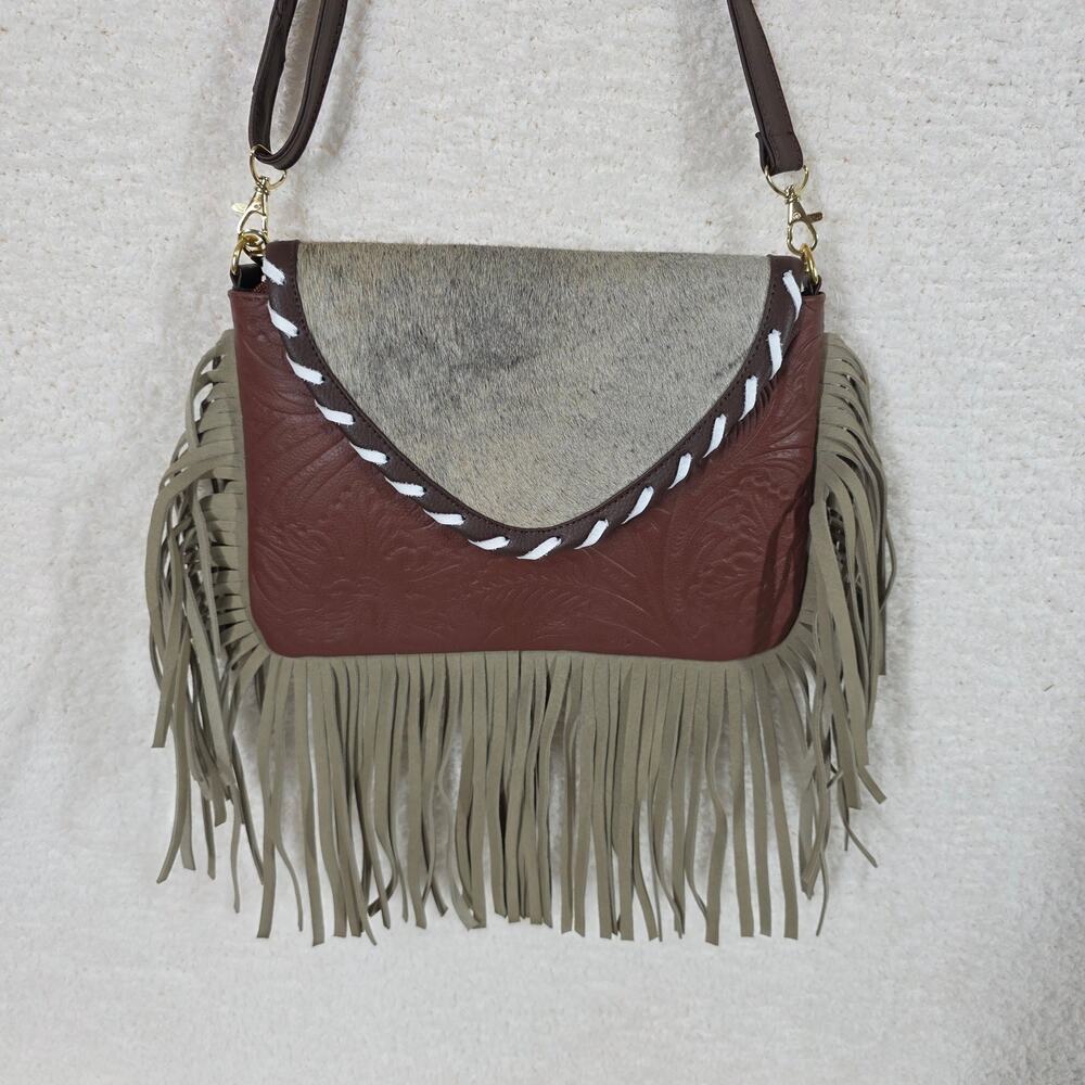 Mexican Brown Floral Embossed Tooled Leather & Cowhide Fringe Crossbody Bag